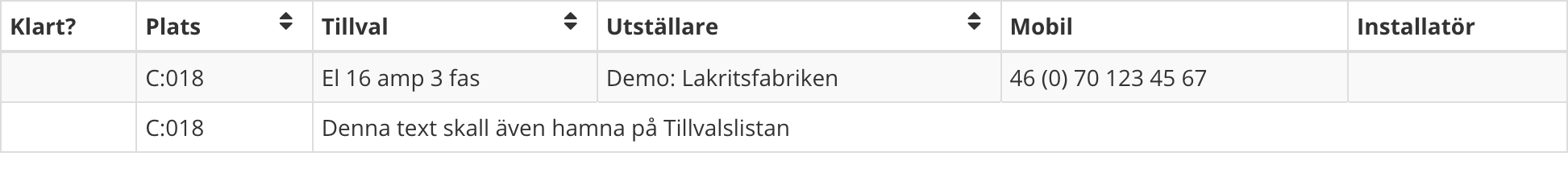 tabell tillvalslista